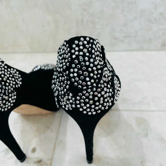 KAREN MILLEN {6} Black Silver Beaded Pumps Peep Toe Stiletto - Picture 8 of 16